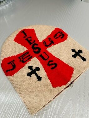 Jesus acrylic knit beanie with red cross and black crosses